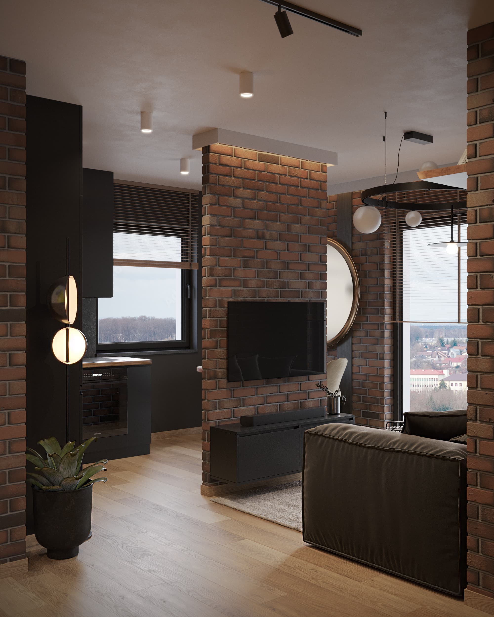 Apartament loftowy — Loftowy salon z cegłą, czarną zabudową i widokiem na miasto